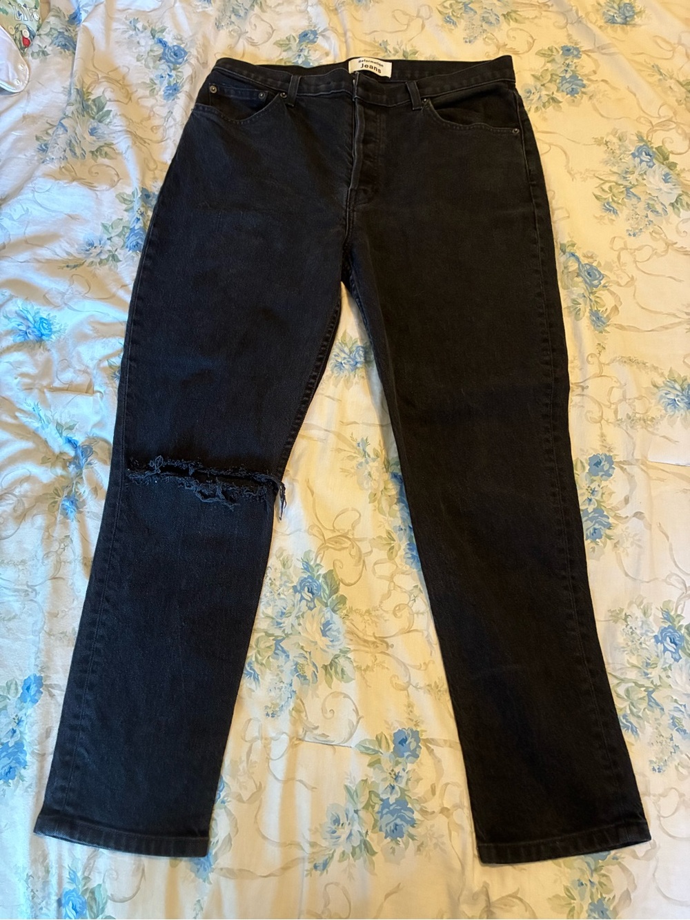 Reformation Black Distressed Straight-Leg Jeans
